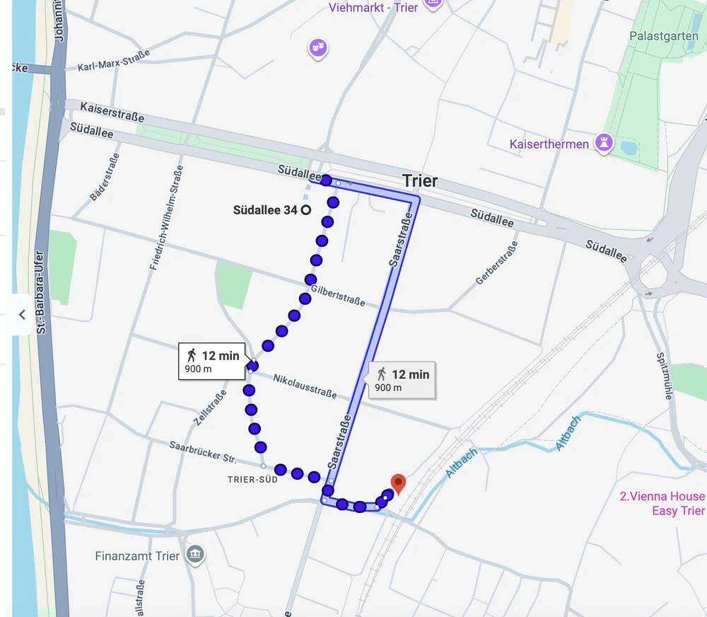 Fußweg vom Bahnhof Trier Süd zu Haarfrei Trier, Südallee 34: 900 Meter, 12 Minuten