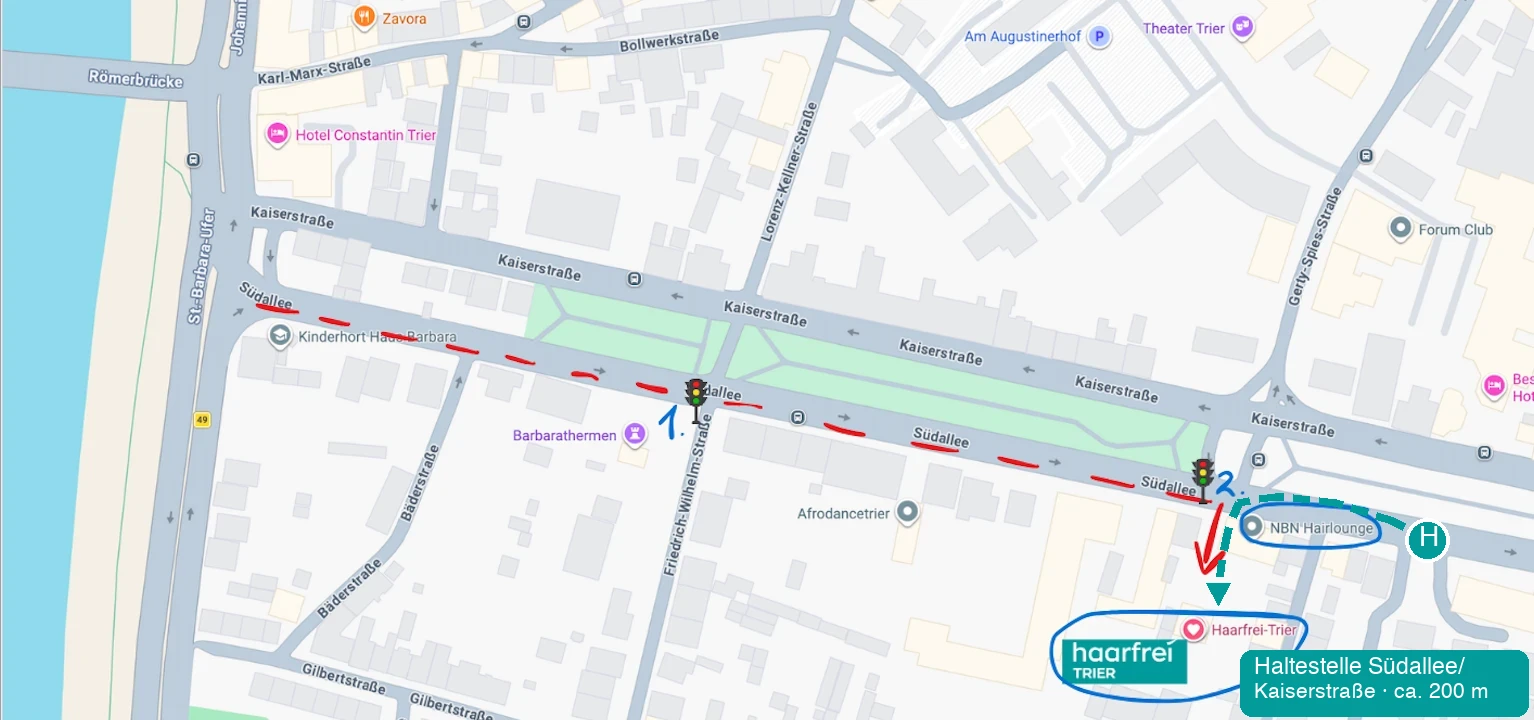 Wegbeschreibung Karte Haarfrei Trier Südallee 34 mit Bushaltestelle Südallee/Kaiserstraße
